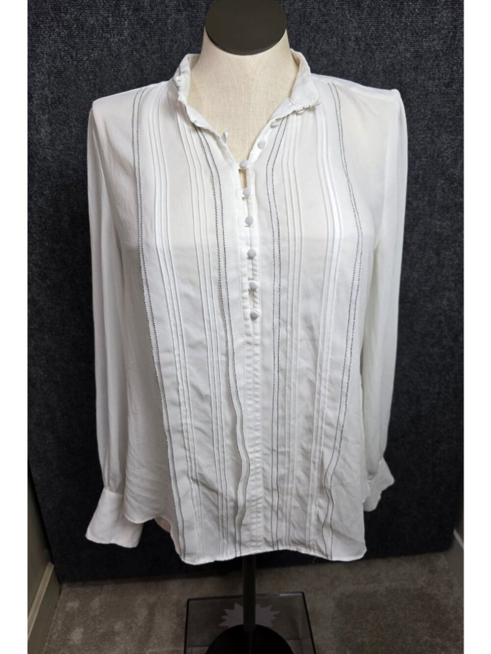 White House Black Market Womens White Pintuck Blouse Button-Front Long Sleeve Si